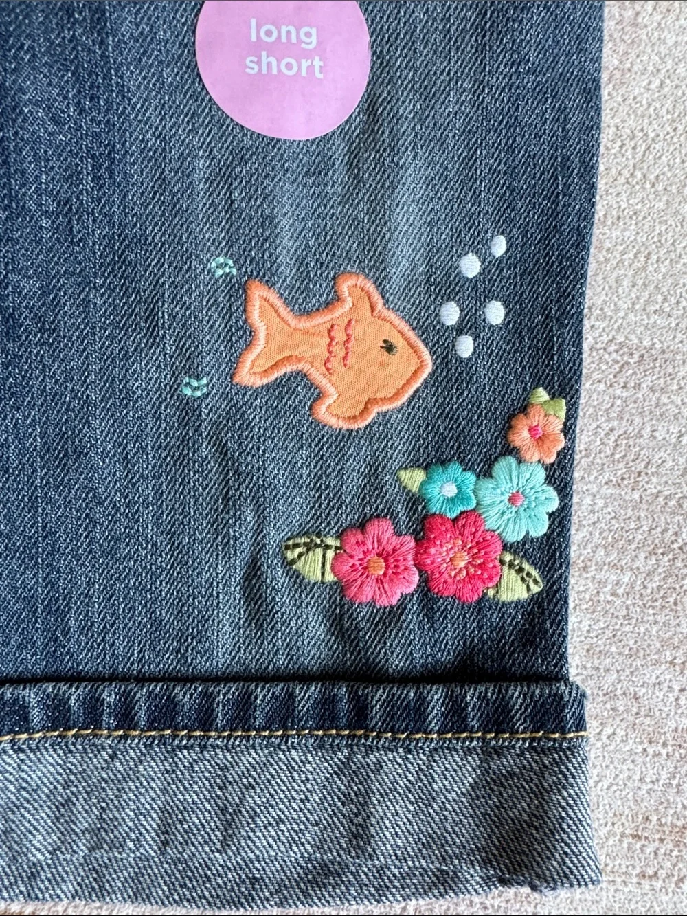 Gymboree Long Denim Shorts with Pink & Teal Embroidery NWT size 6-12M